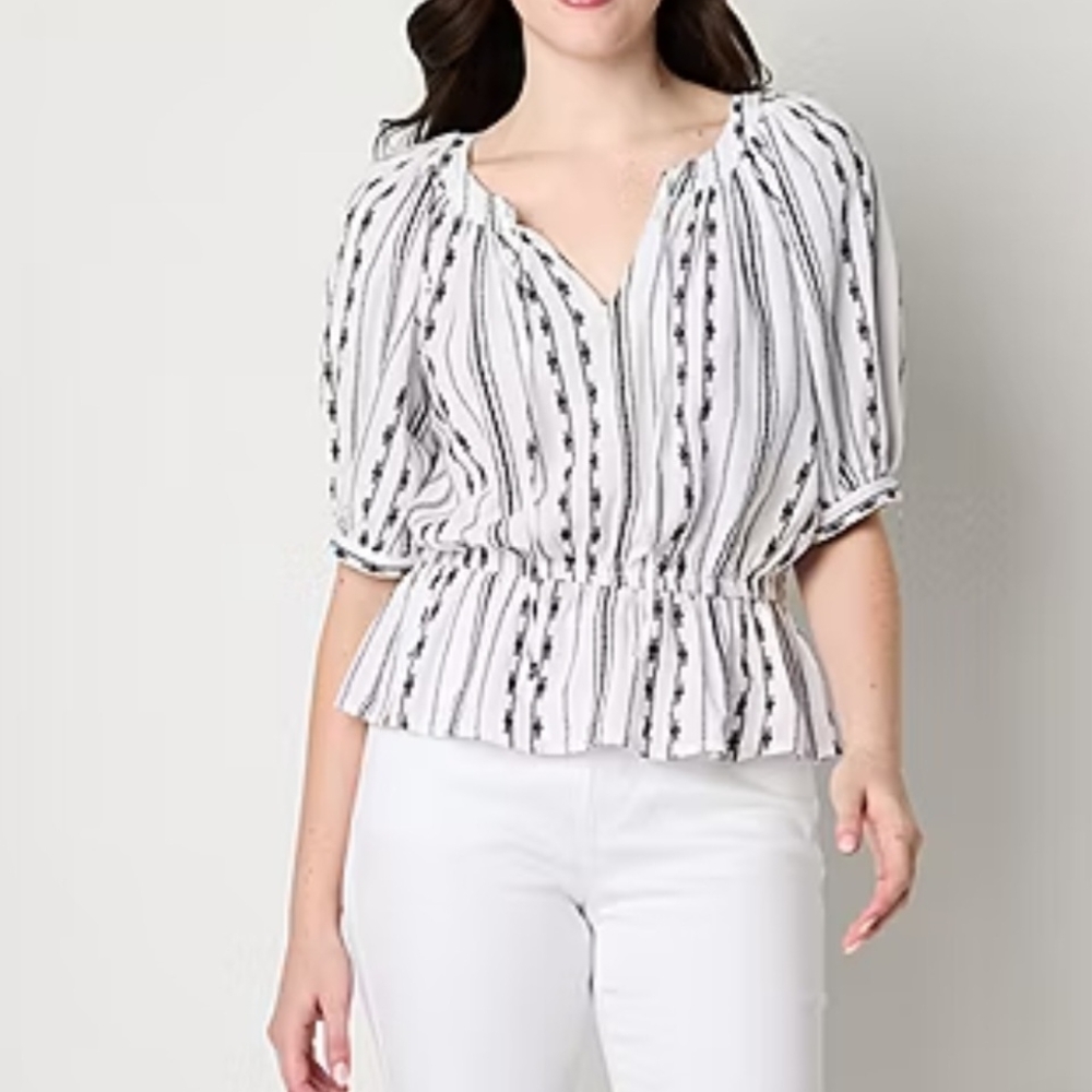a.n.a. Short Sleeve Embroidered Summer Blouse- Black And White